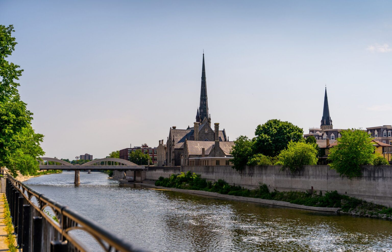 The Grand River and Central Presbyterian Church in downtown Galt, Cambridge, Ontario