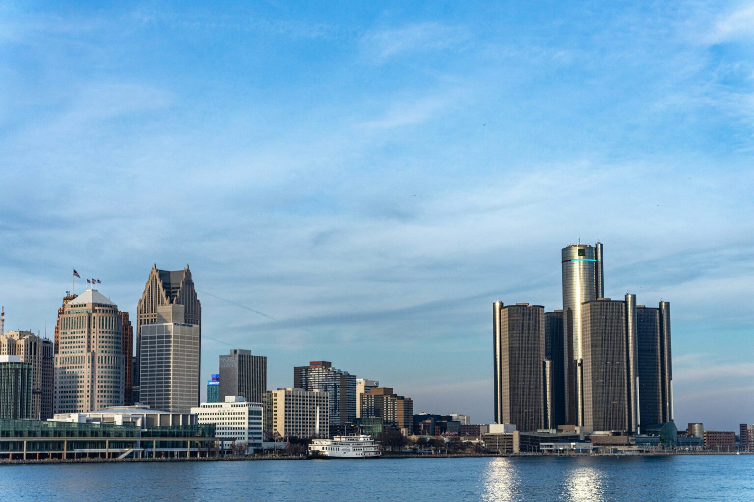 The Detroit skyline seen across the river from Windsor, Ontario